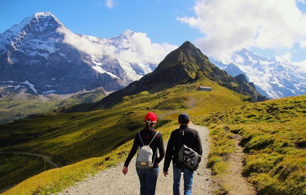 couple, the glacier, mountains